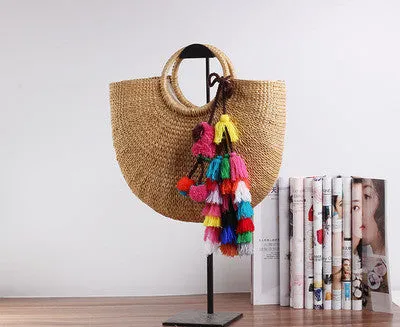 2017 New High Quality Tassel Rattan Bag Beach Bag Straw Totes Bag Bucket Summer Bags With Tassels