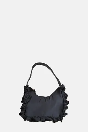 90s Frill Shoulder Bag Black Satin