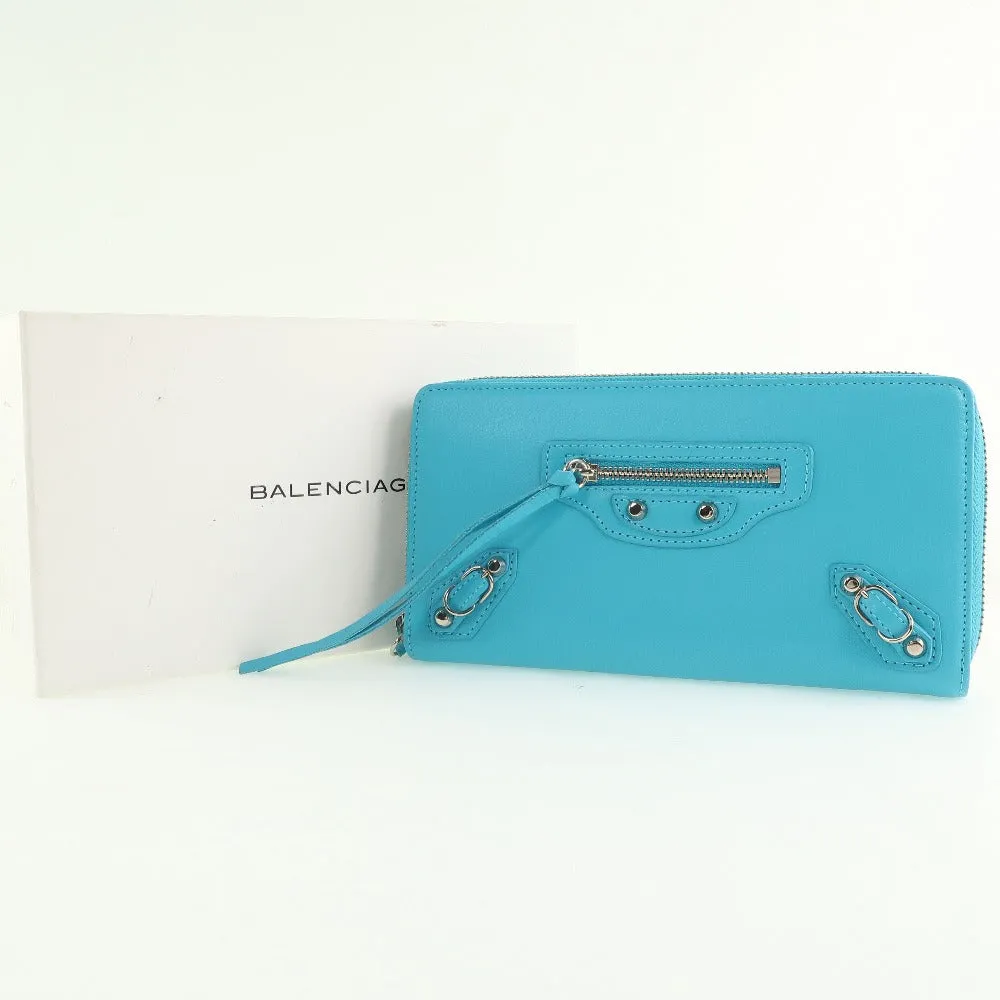 BALENCIAGA Long Wallet Purse Calfskin Blue Zip Around City Women Used Authentic