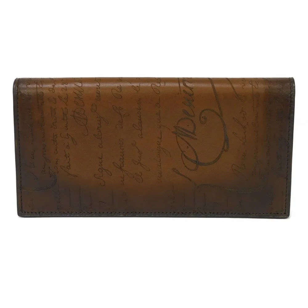 Berluti Long Wallet Purse Venice Calfskin Leather Cacao Calligraphy Santal Scrit Leather Zip Long Wallet mens Used Authentic