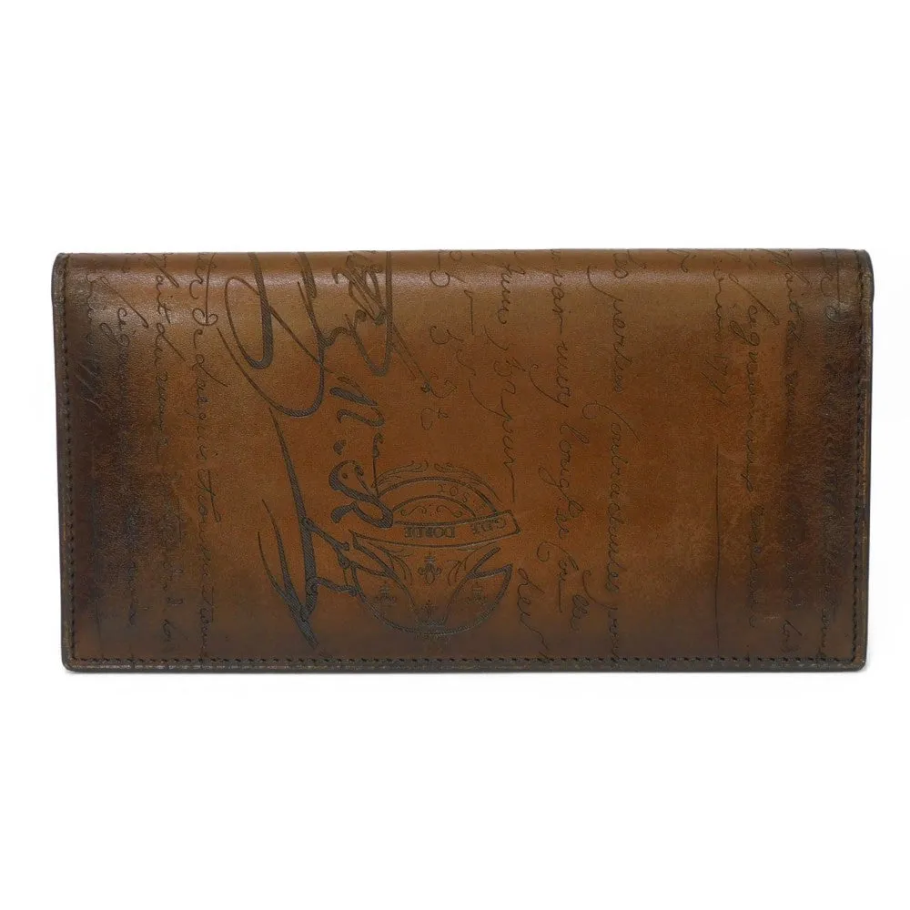 Berluti Long Wallet Purse Venice Calfskin Leather Cacao Calligraphy Santal Scrit Leather Zip Long Wallet mens Used Authentic