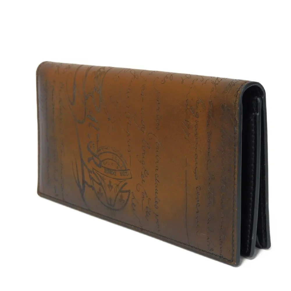 Berluti Long Wallet Purse Venice Calfskin Leather Cacao Calligraphy Santal Scrit Leather Zip Long Wallet mens Used Authentic