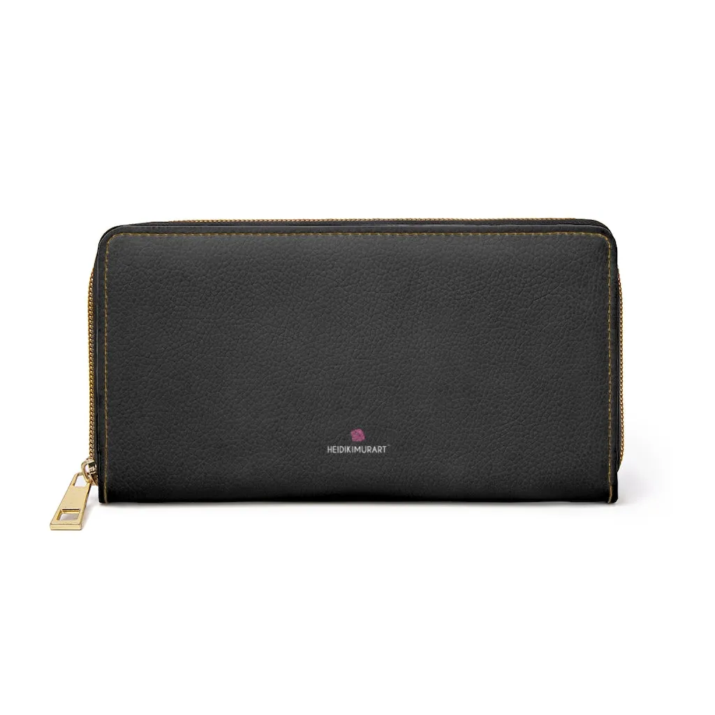 Black Color Zipper Wallet, Solid Color Long Compact Designer Premium Quality Women's Wallet