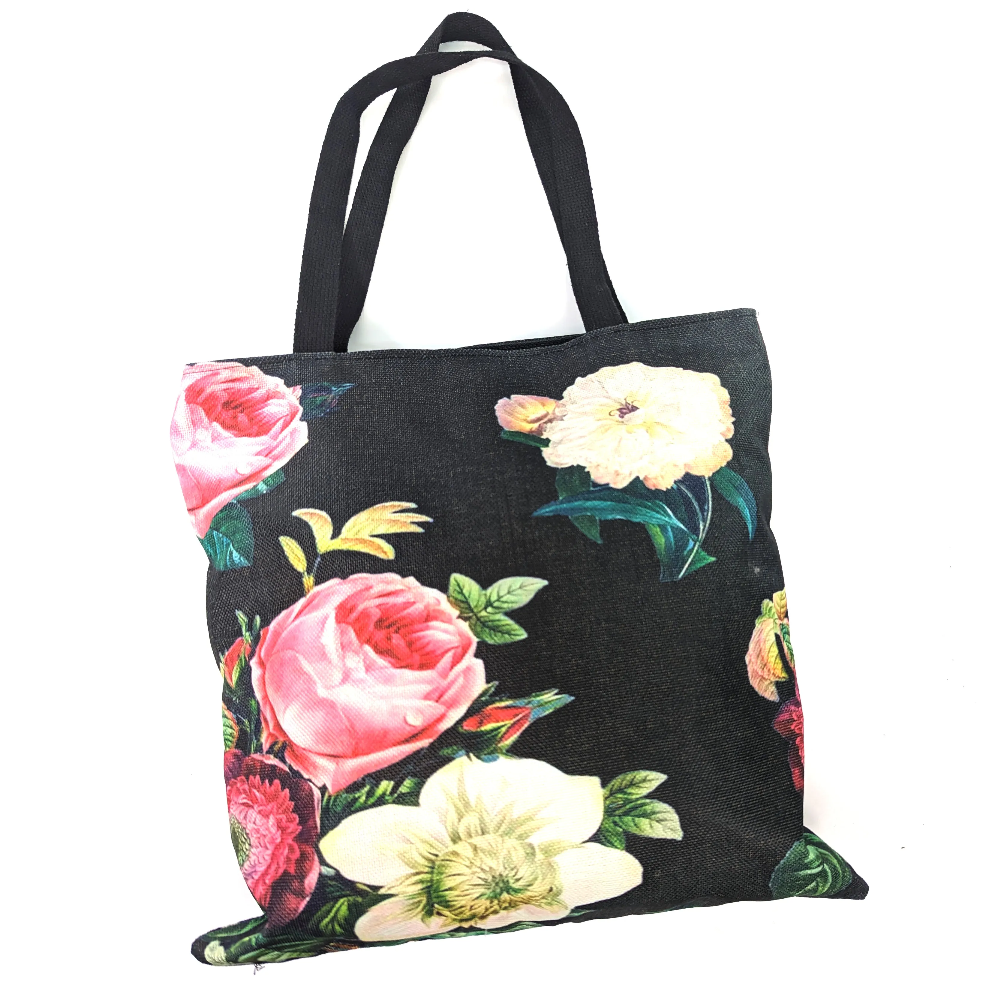 Black Vintage Roses Shoulder Shopping Bag