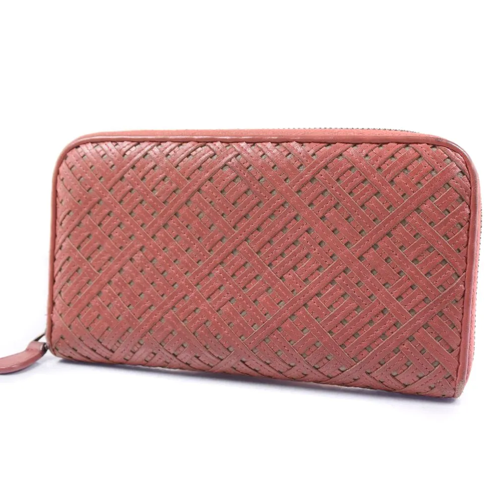 BOTTEGAVENETA Long Wallet Purse lambskin Red tea INTRECCIATO Zip Around Women Used Authentic