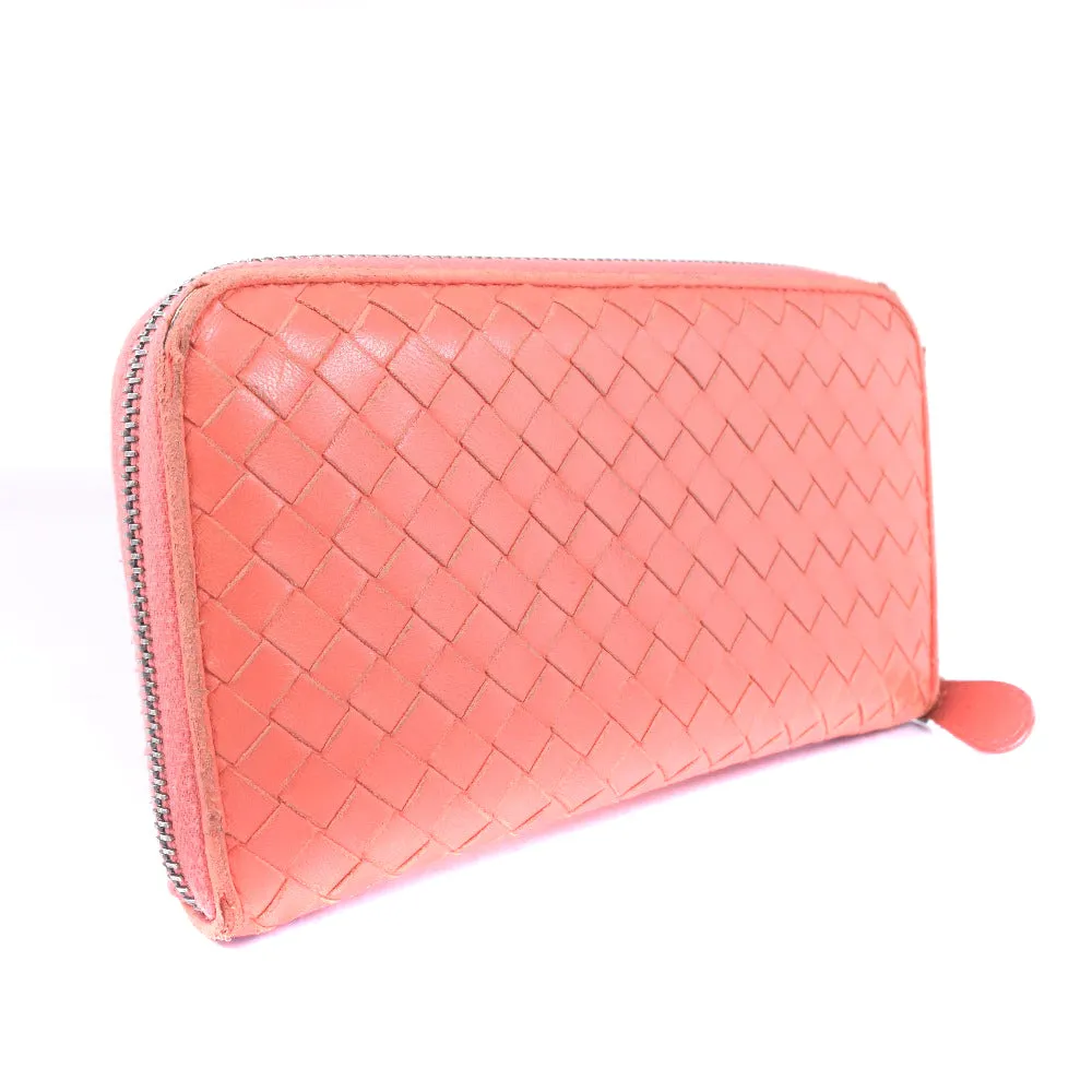 BOTTEGAVENETA Long Wallet Purse lambskin Red/pink INTRECCIATO Zip Around Women Used Authentic