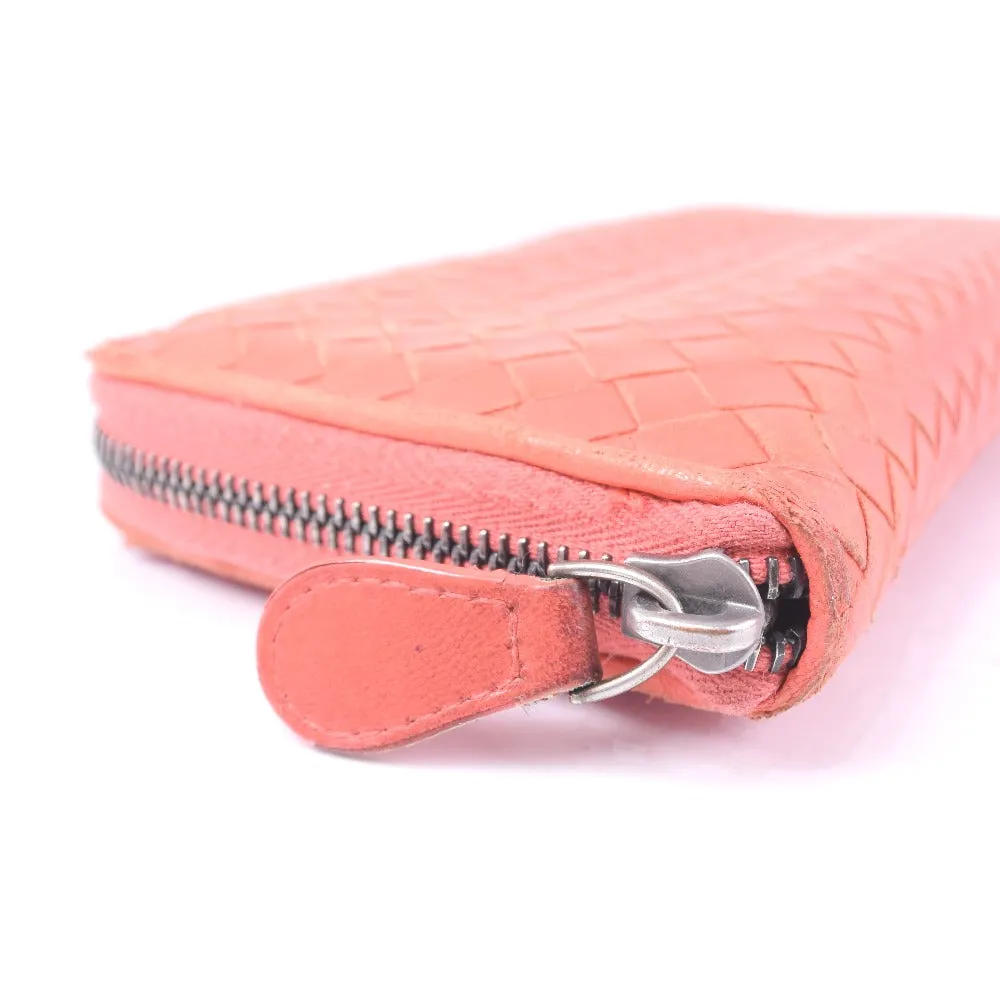 BOTTEGAVENETA Long Wallet Purse lambskin Red/pink INTRECCIATO Zip Around Women Used Authentic