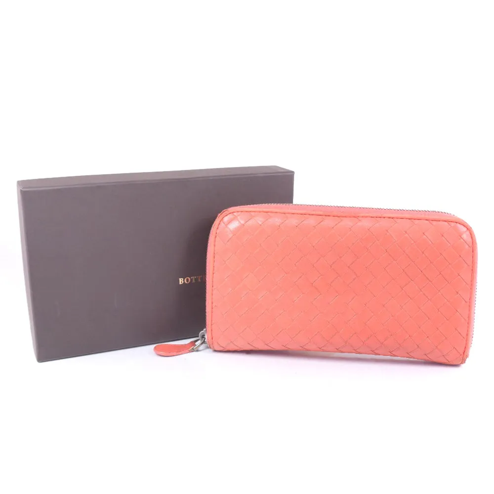 BOTTEGAVENETA Long Wallet Purse lambskin Red/pink INTRECCIATO Zip Around Women Used Authentic