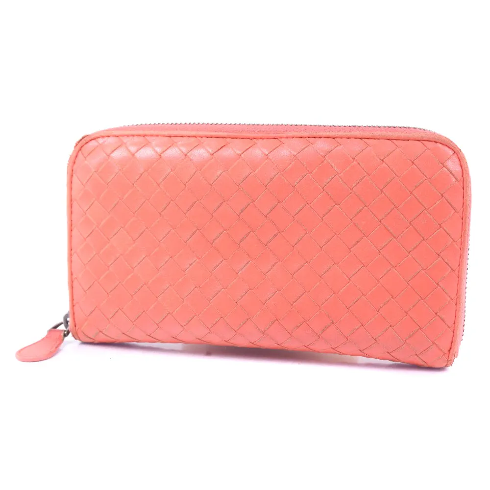 BOTTEGAVENETA Long Wallet Purse lambskin Red/pink INTRECCIATO Zip Around Women Used Authentic