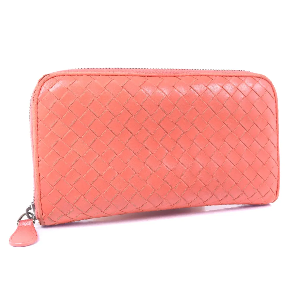 BOTTEGAVENETA Long Wallet Purse lambskin Red/pink INTRECCIATO Zip Around Women Used Authentic