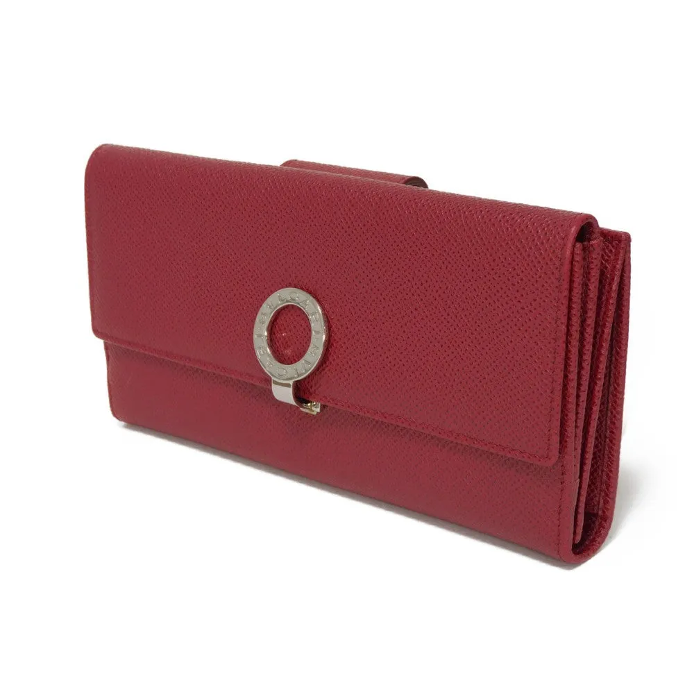 BVLGARI Long Wallet Purse 33744 Grain calf leather (embossed) Ruby logo CLIP LARGE WALLET Women Used Authentic