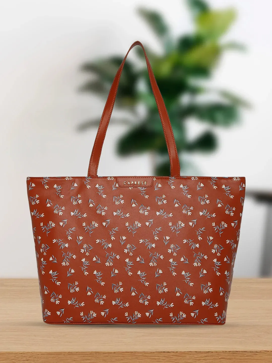 Caprese Merida Laptop Tote Large Printed Women'S Office Handbag Tan