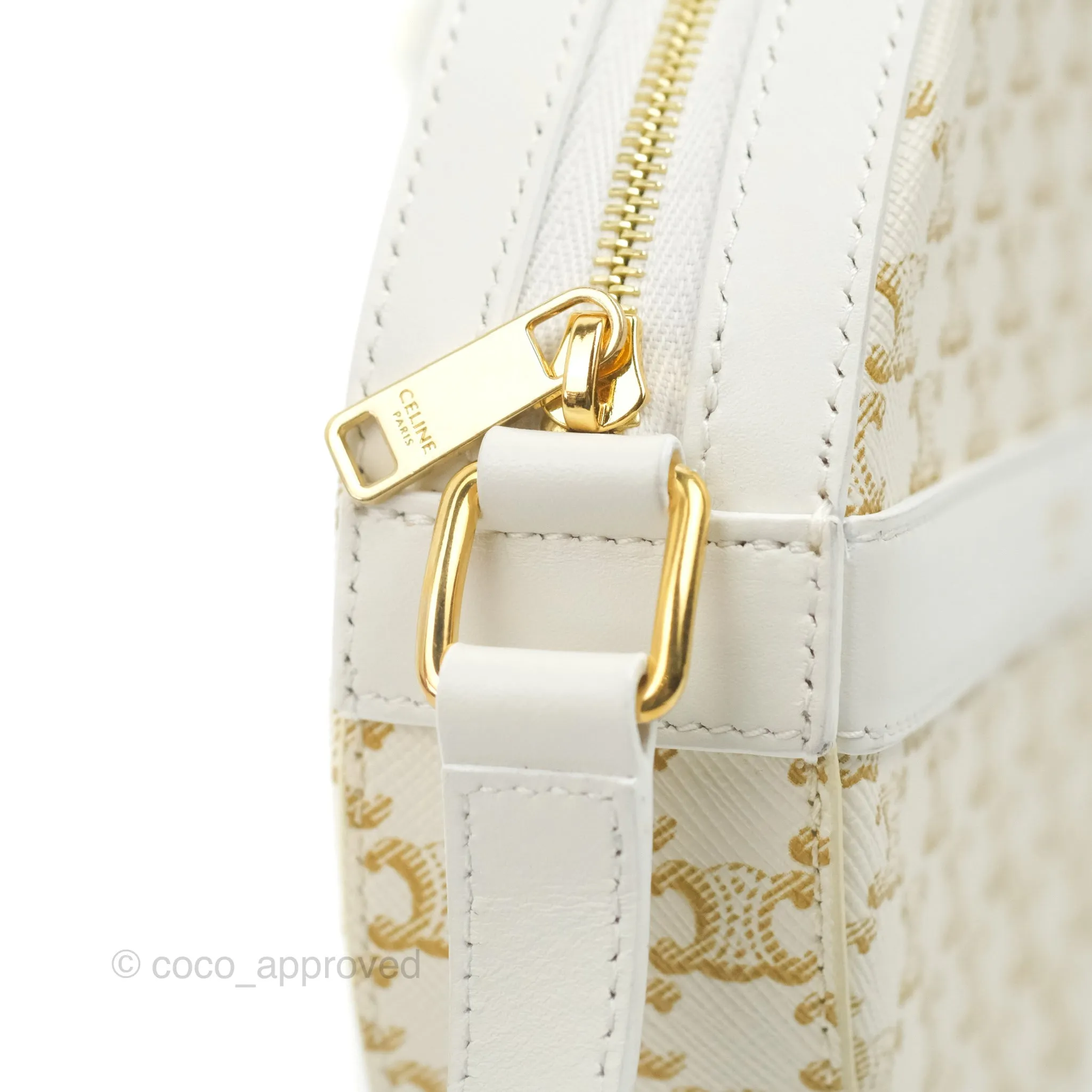 Celine Round Purse on Strap Triomphe Canvas White Calfskin