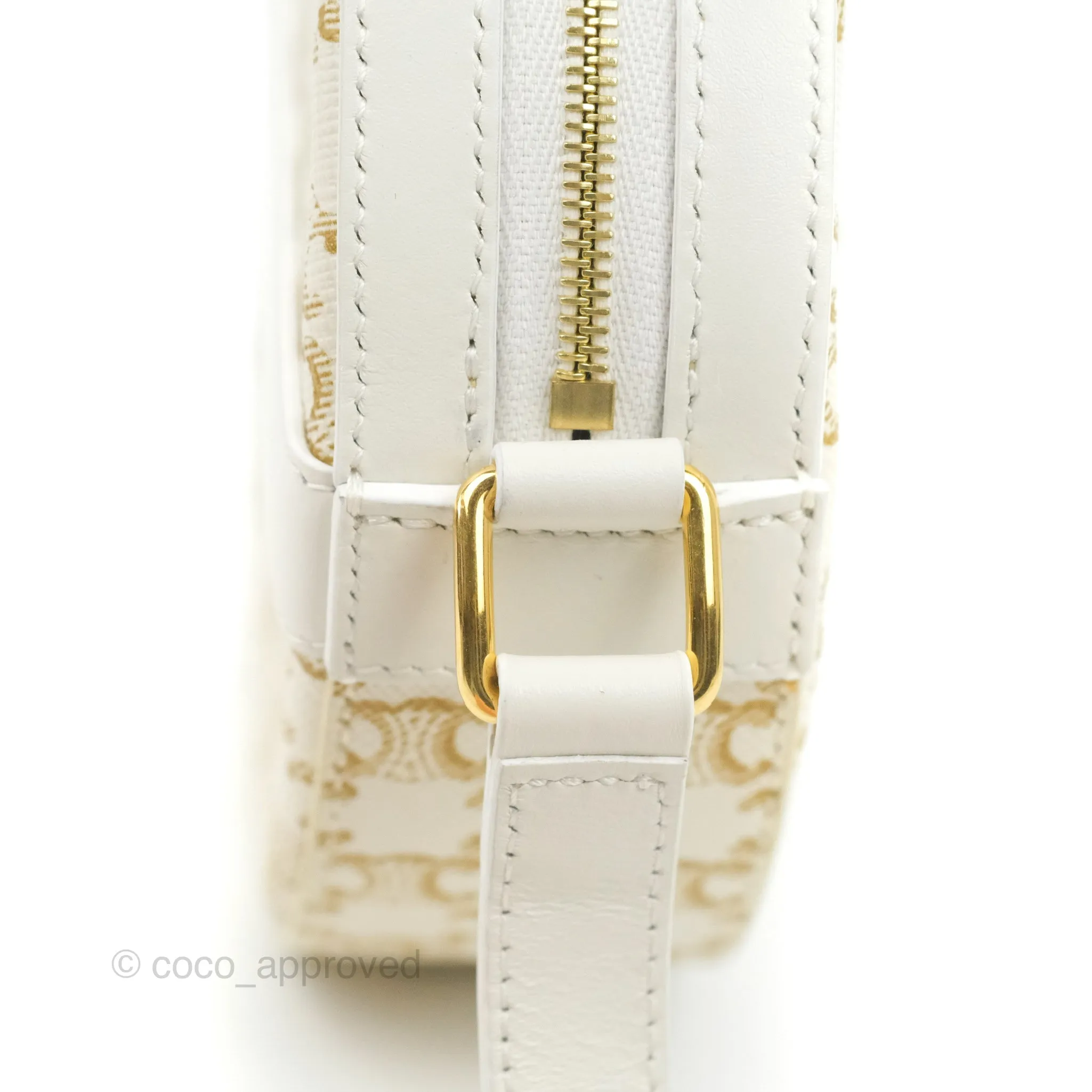 Celine Round Purse on Strap Triomphe Canvas White Calfskin