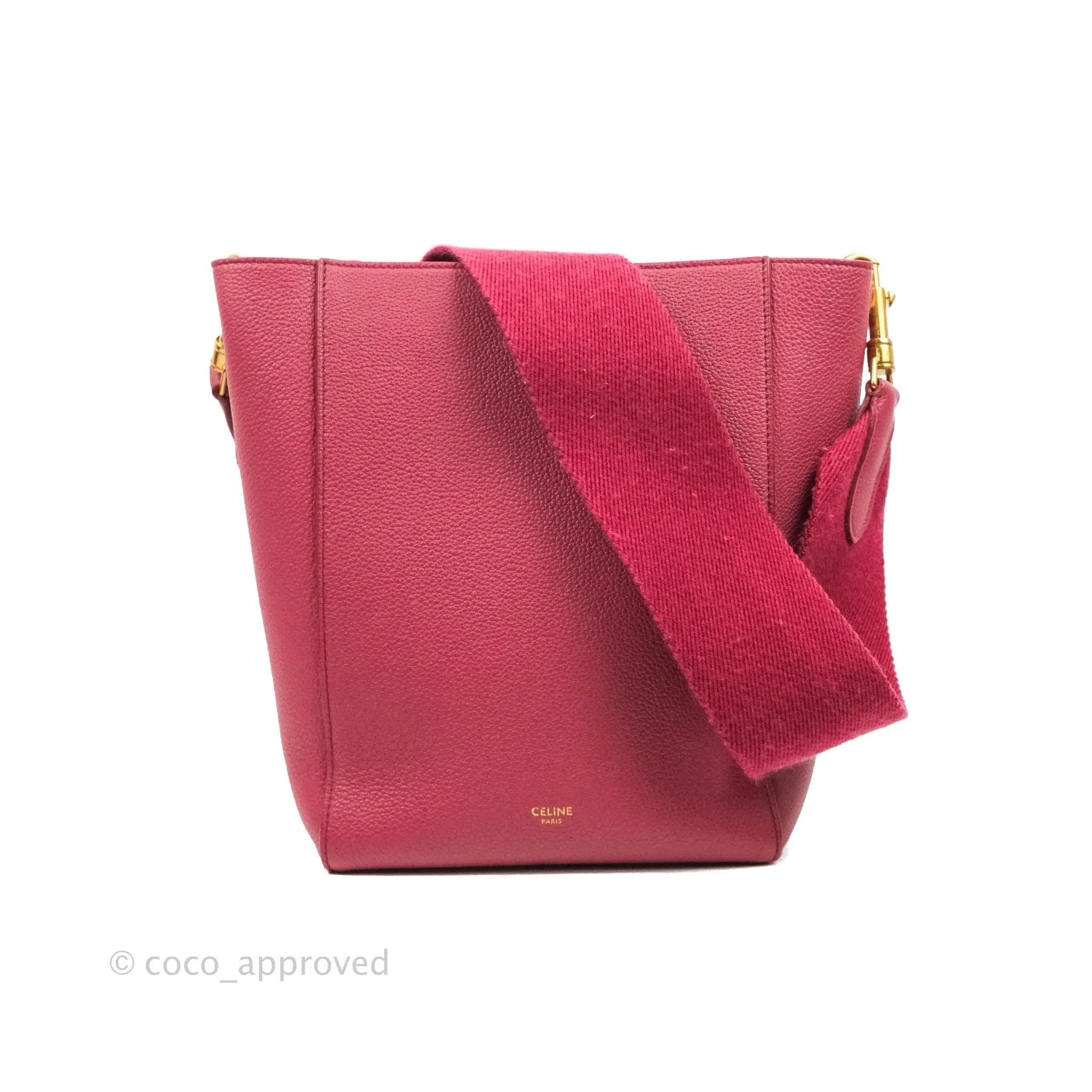 Celine Sangle Bucket Bag Grained Calfskin Dark Pink Gold Hardware