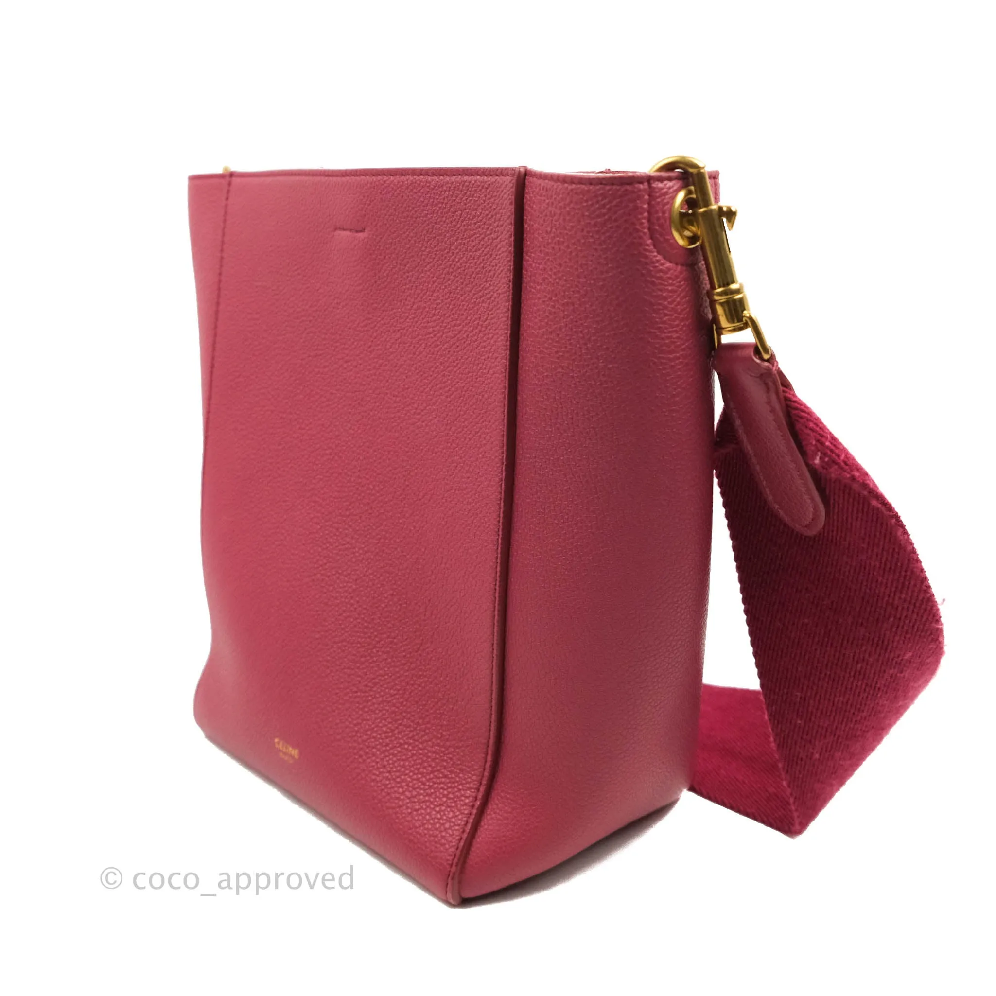 Celine Sangle Bucket Bag Grained Calfskin Dark Pink Gold Hardware