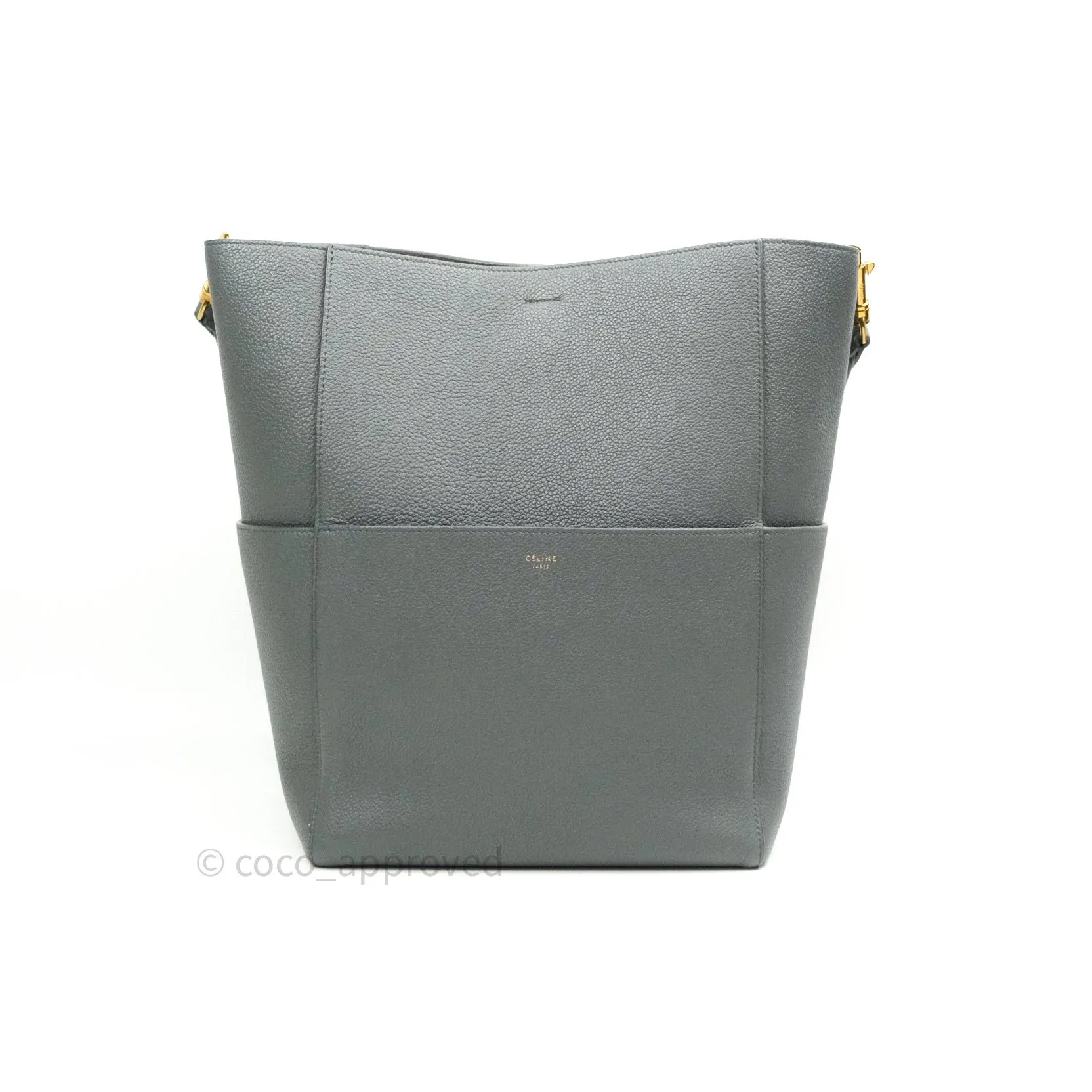 Celine Sangle Bucket Bag Grained Calfskin Grey Gold Hardware