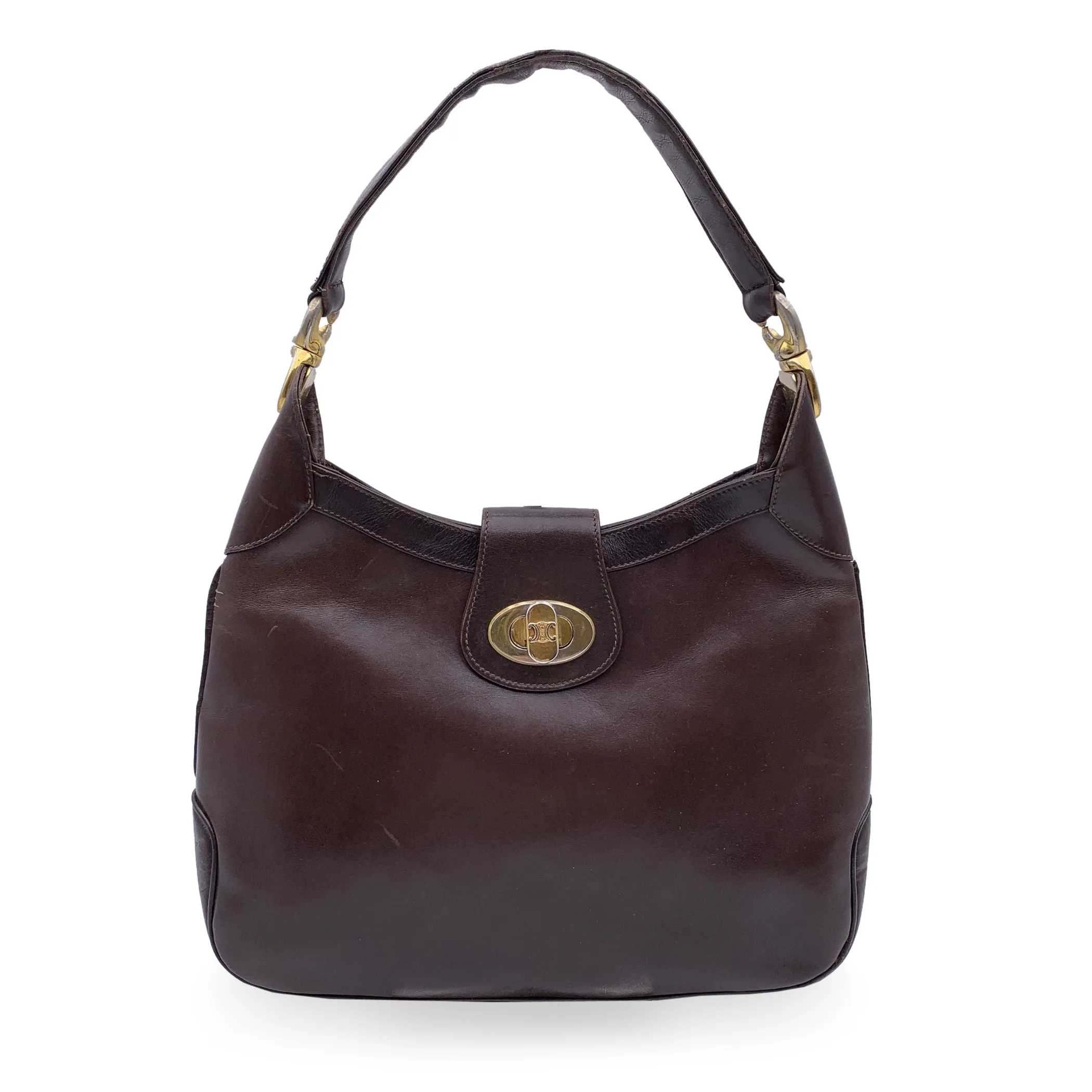 Celine Vintage Dark Brown Leather Hobo Shoulder Bag