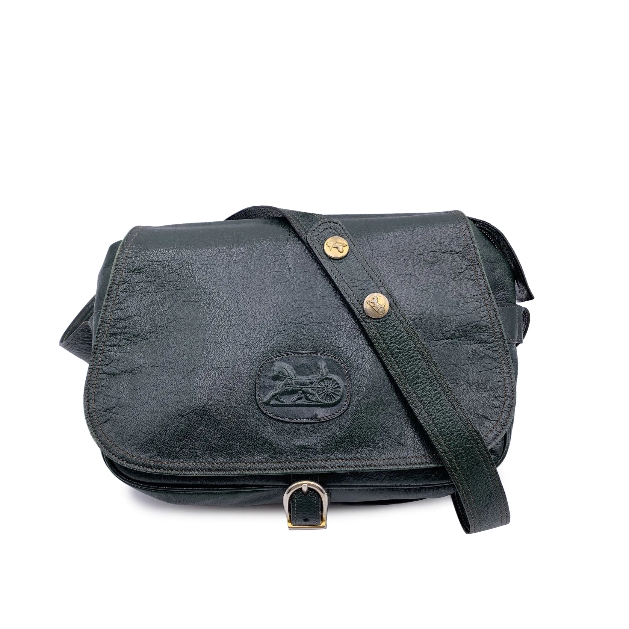 Celine Vintage Dark Green Leather Caleche Flap Shoulder Bag