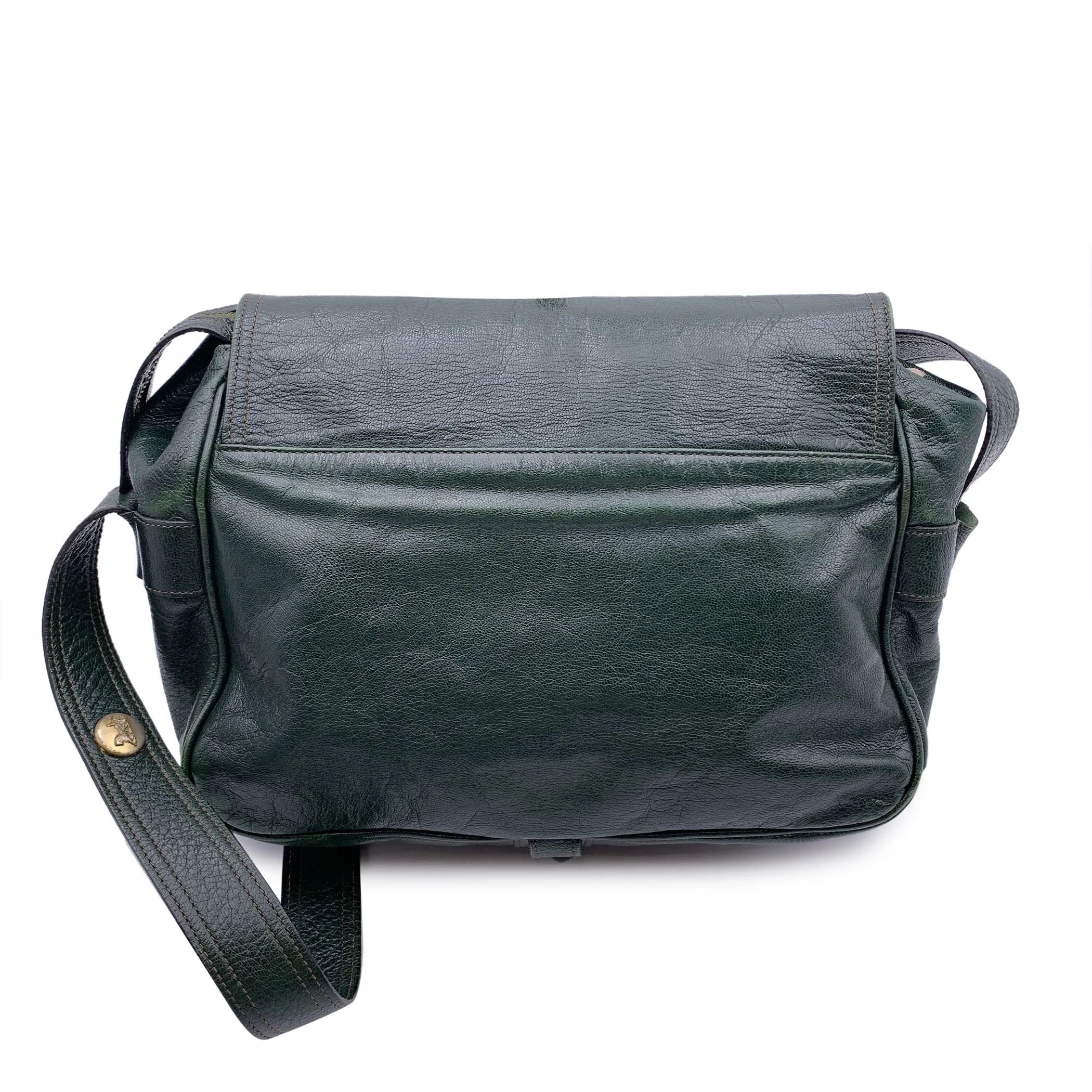 Celine Vintage Dark Green Leather Caleche Flap Shoulder Bag