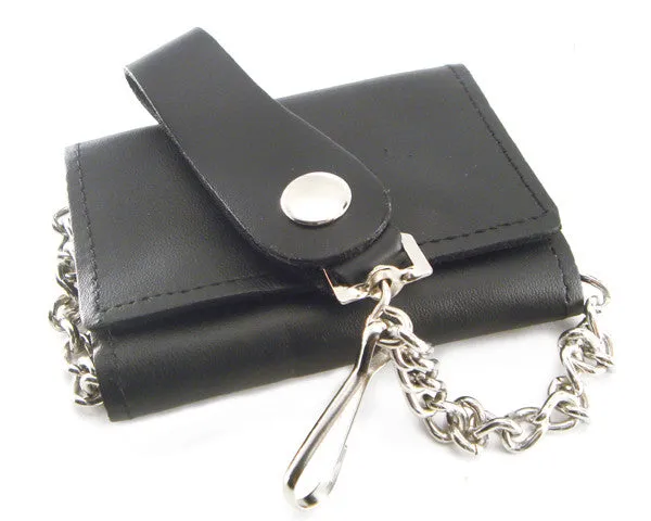 Chain Wallet Trifold Black Leather