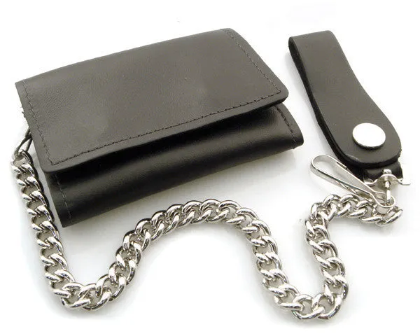 Chain Wallet Trifold Black Leather