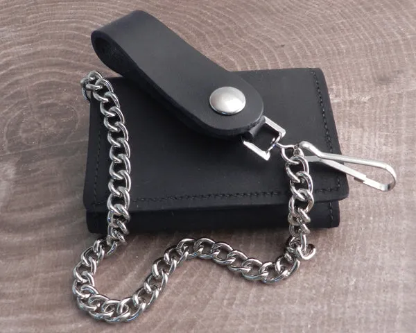 Chain Wallet Trifold Black Leather