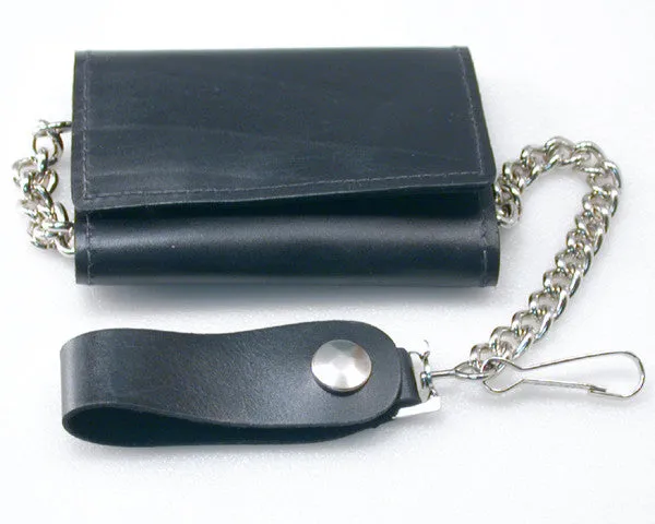 Chain Wallet Trifold Black Leather