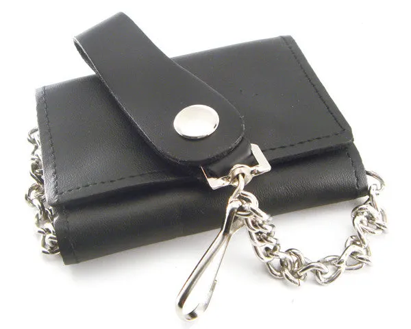 Chain Wallet Trifold Black Leather