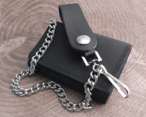 Chain Wallet Trifold Black Leather