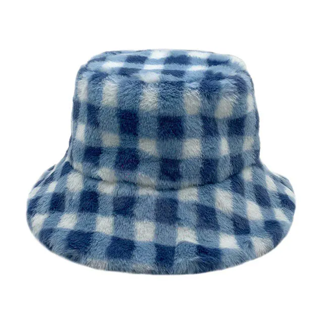 Checkered Faux Fur Bucket Hat