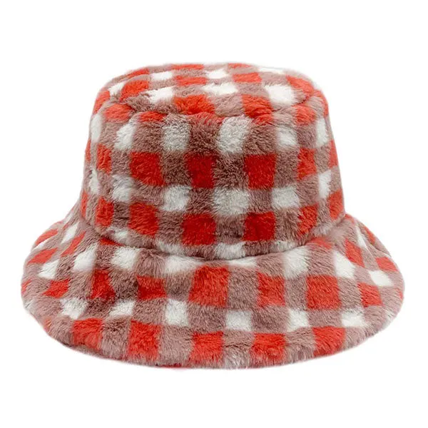 Checkered Faux Fur Bucket Hat