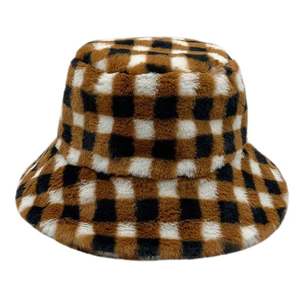 Checkered Faux Fur Bucket Hat