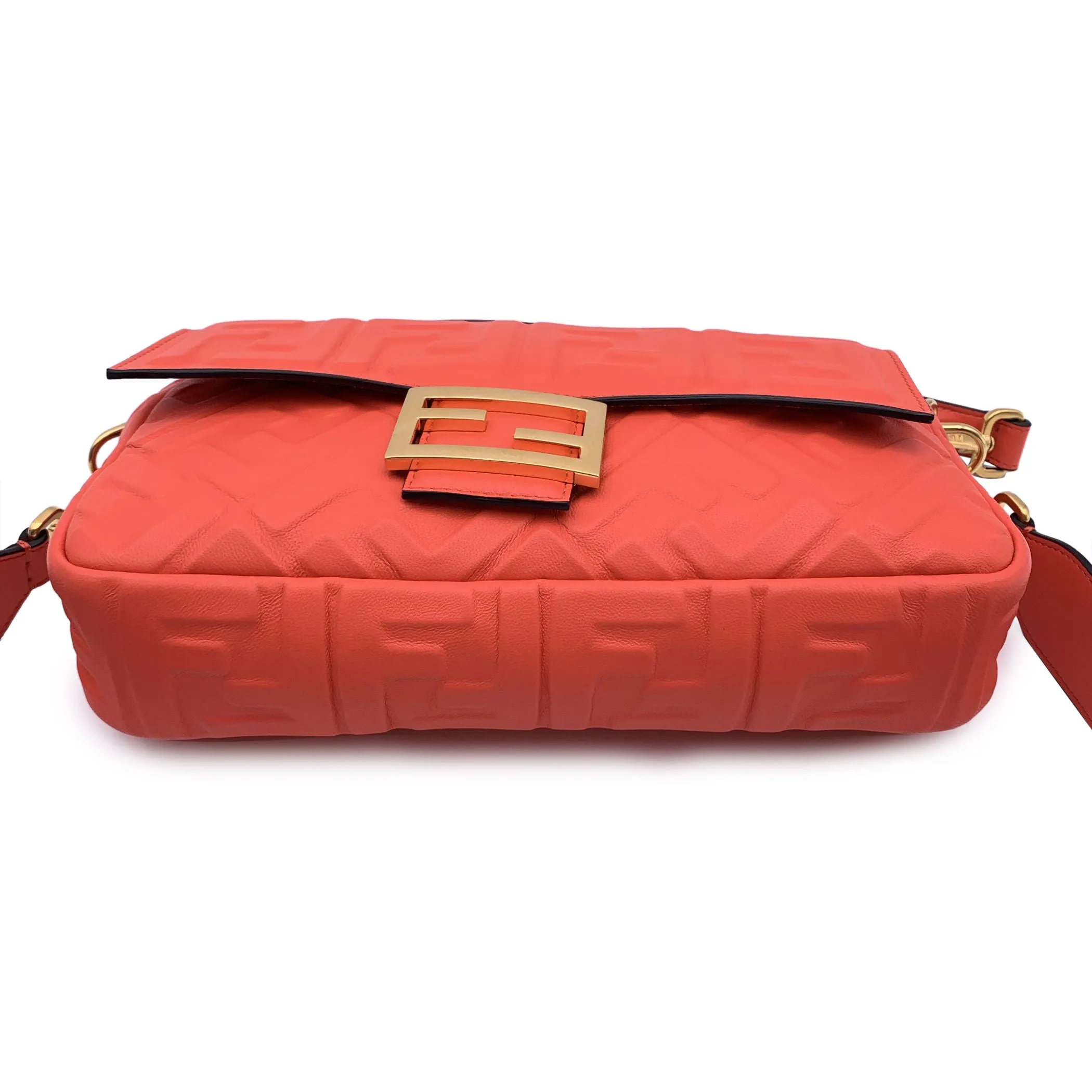 Fendi Orange Red Embossed FF Logo Leather Baguette Shoulder Bag