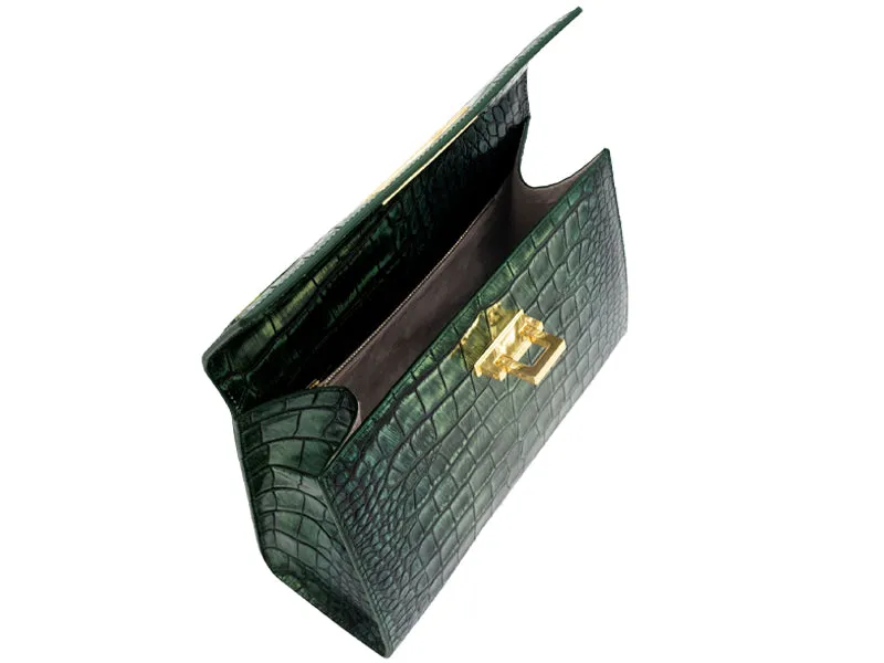 Fonteyn Large Orinoco 'Croc' Print Calf Leather Handbag - Metallic Green