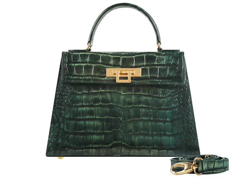 Fonteyn Large Orinoco 'Croc' Print Calf Leather Handbag - Metallic Green