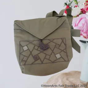 Hand Embroidered Grey Geometric Cross-Body Shoulder Bag