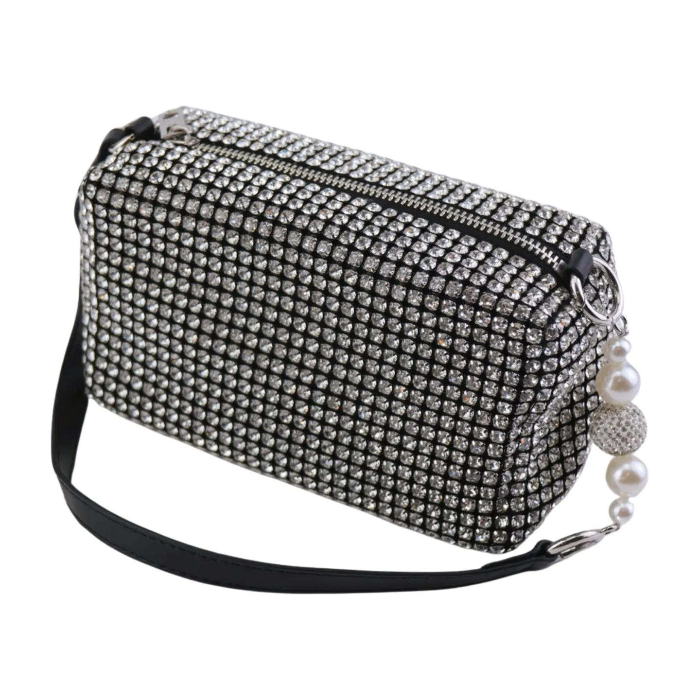 Heiress Pouch, Luxury Women's Diamond Rhinestone Mesh Pearl Handle Silver Stainless Steel Chain Purse