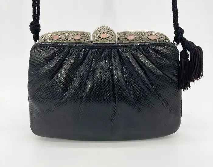 Judith Leiber Black Lizard Antique Silver Crystal Rose Quartz Shoulder Bag