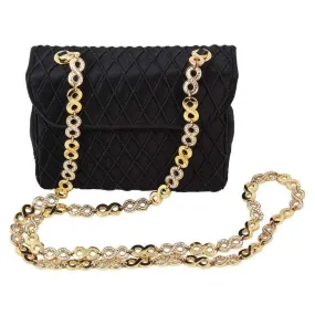 JUDITH LEIBER Black Satin Purse with Gold & Rhinestone Infinity Chain