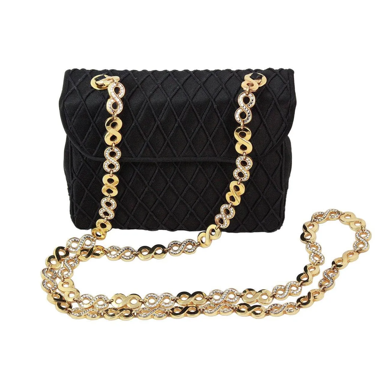 JUDITH LEIBER Black Satin Purse with Gold & Rhinestone Infinity Chain