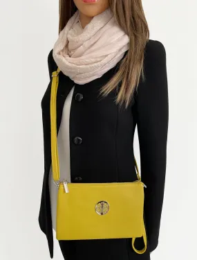 LARGE MULTI-COMPARTMENT CROSS-BODY PURSE BAG WITH WRIST AND LONG STRAPS - YELLOW