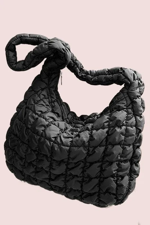 Layla Puff Quilted Shoulder Tote Bag- Black