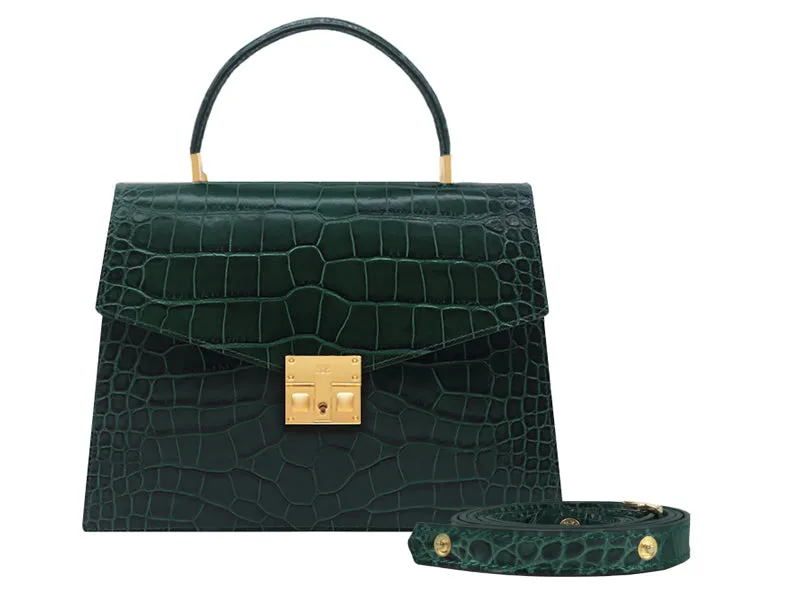 Odette Large Orinoco 'Croc' Print Calf Leather Handbag - Dark Green