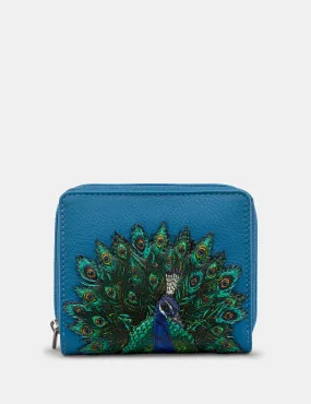 Peacock Plume Petrol Blue Leather Flap Over Zip Round Purse