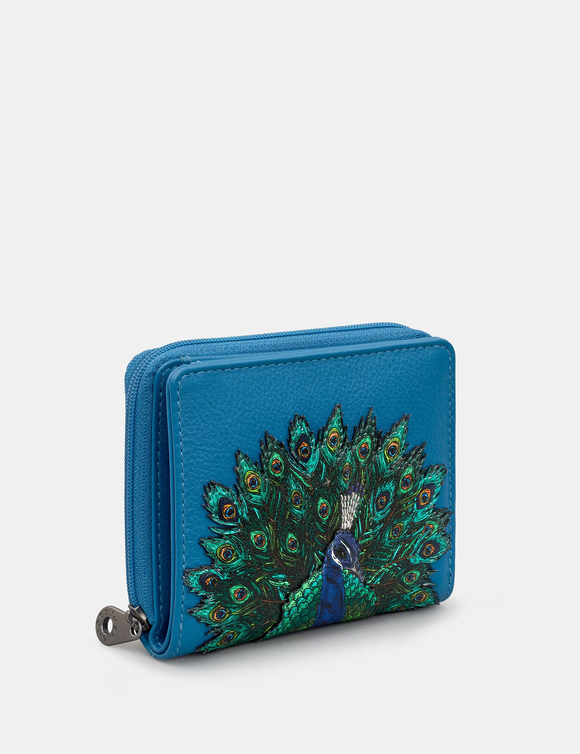 Peacock Plume Petrol Blue Leather Flap Over Zip Round Purse