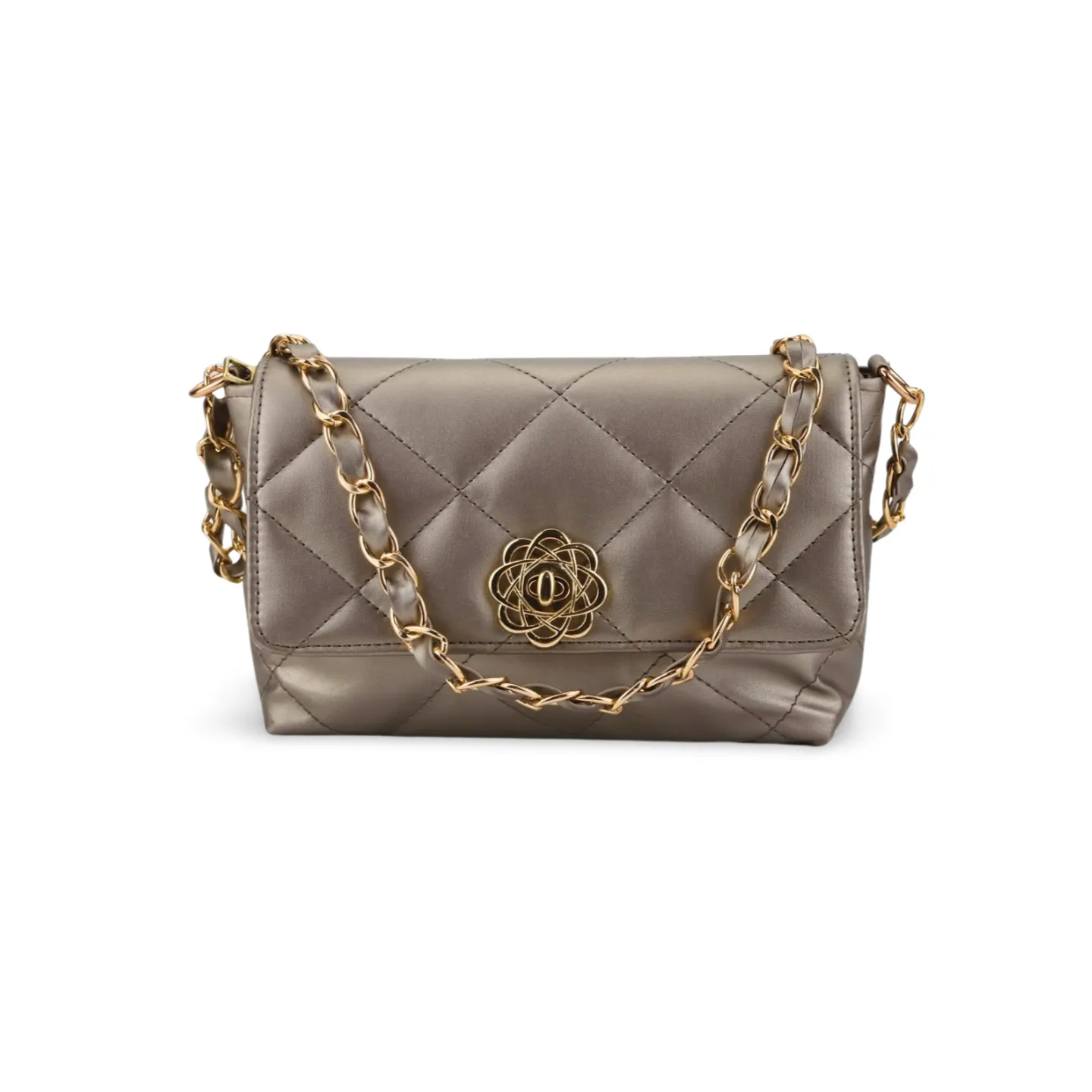 Quilted Faux Leather Purse with Gold Chain and Flower Detail