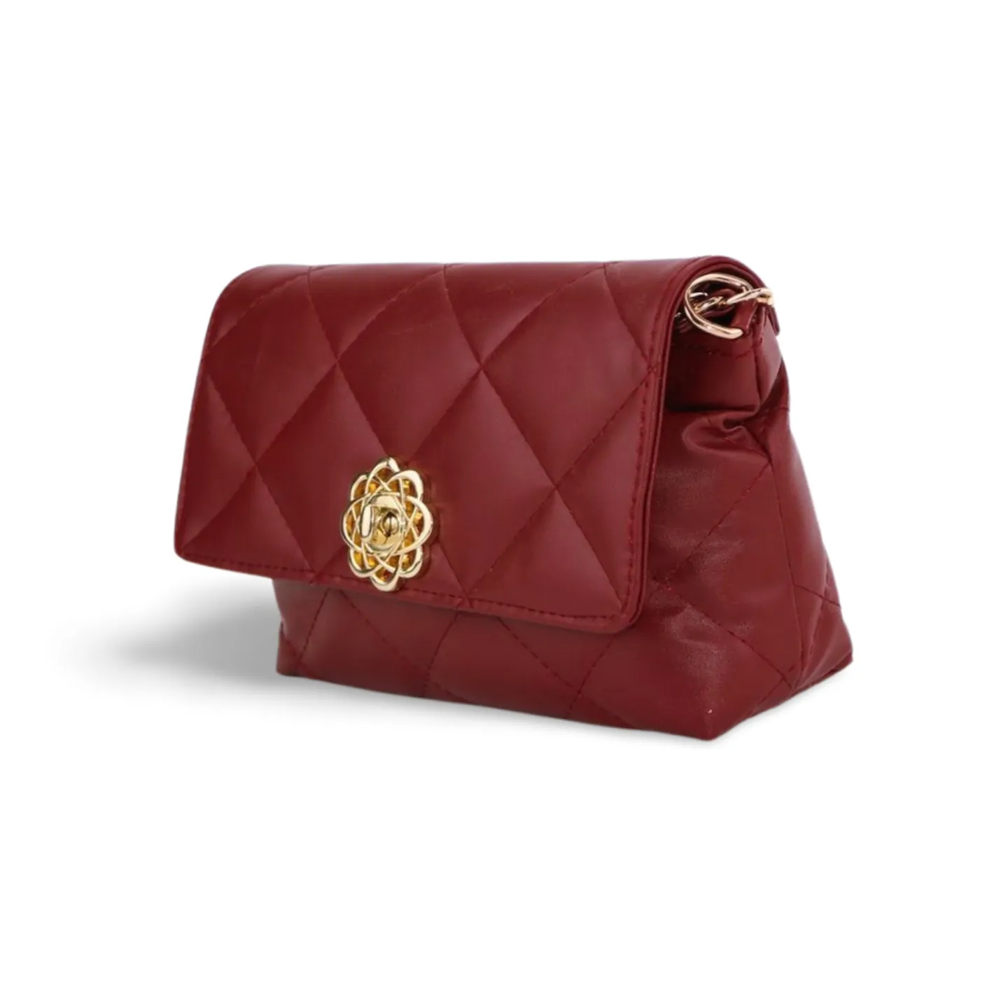 Quilted Faux Leather Purse with Gold Chain and Flower Detail