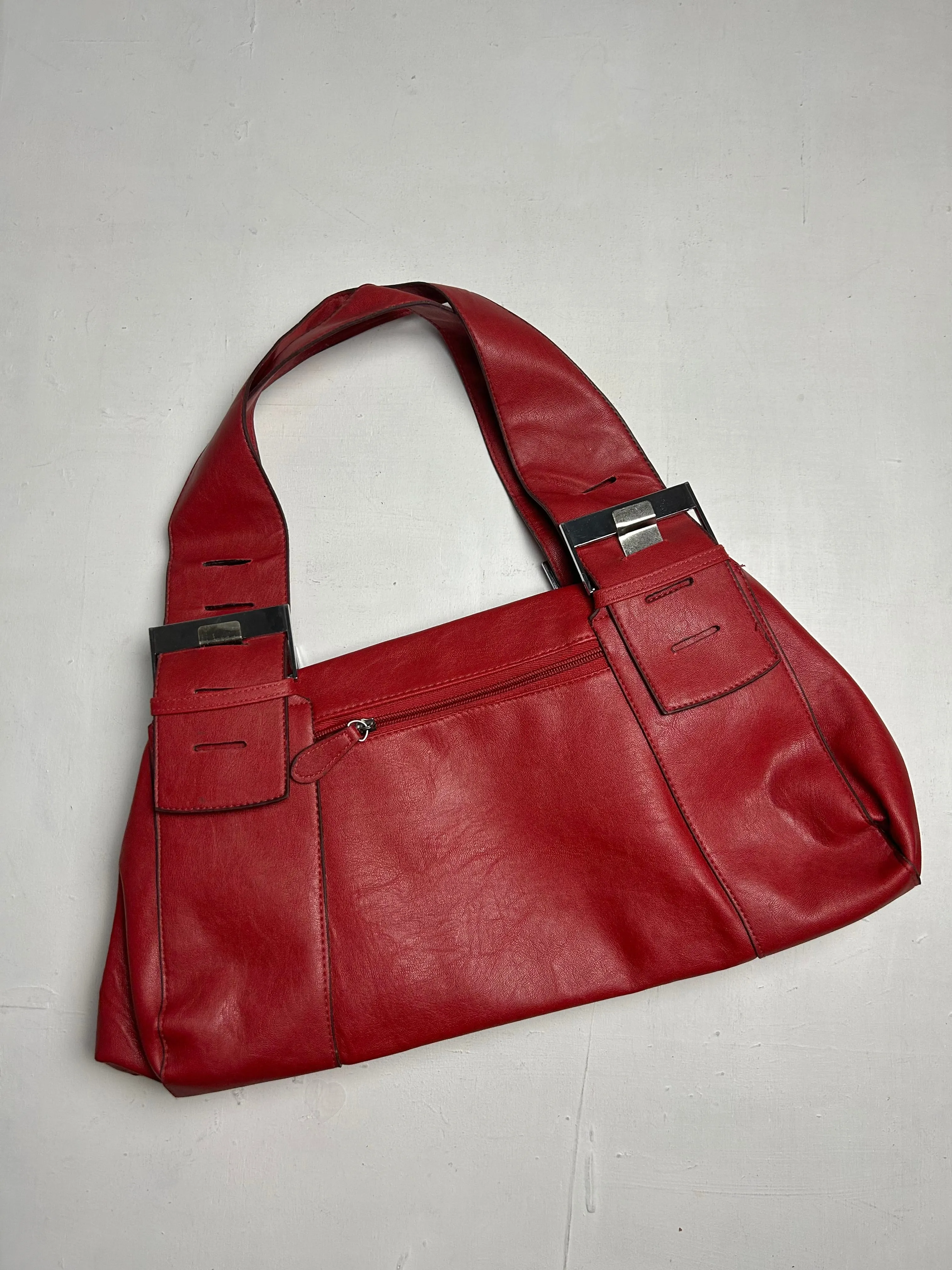 Red pvc leather buckle belt uni besace shoulder bag