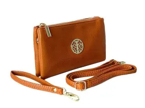 SMALL MULTI-COMPARTMENT CROSS-BODY PURSE BAG WITH WRIST AND LONG STRAPS - TAN